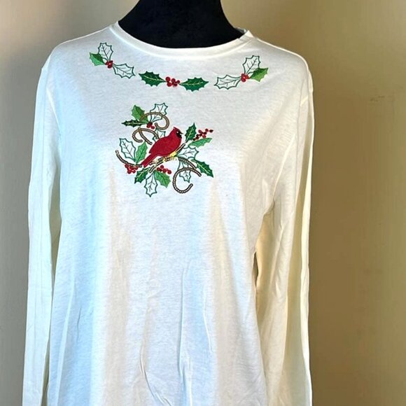 Christmas Embroidered Cardinal Long Sleeve T Shirt Holiday Festive Celebration - Picture 1 of 8